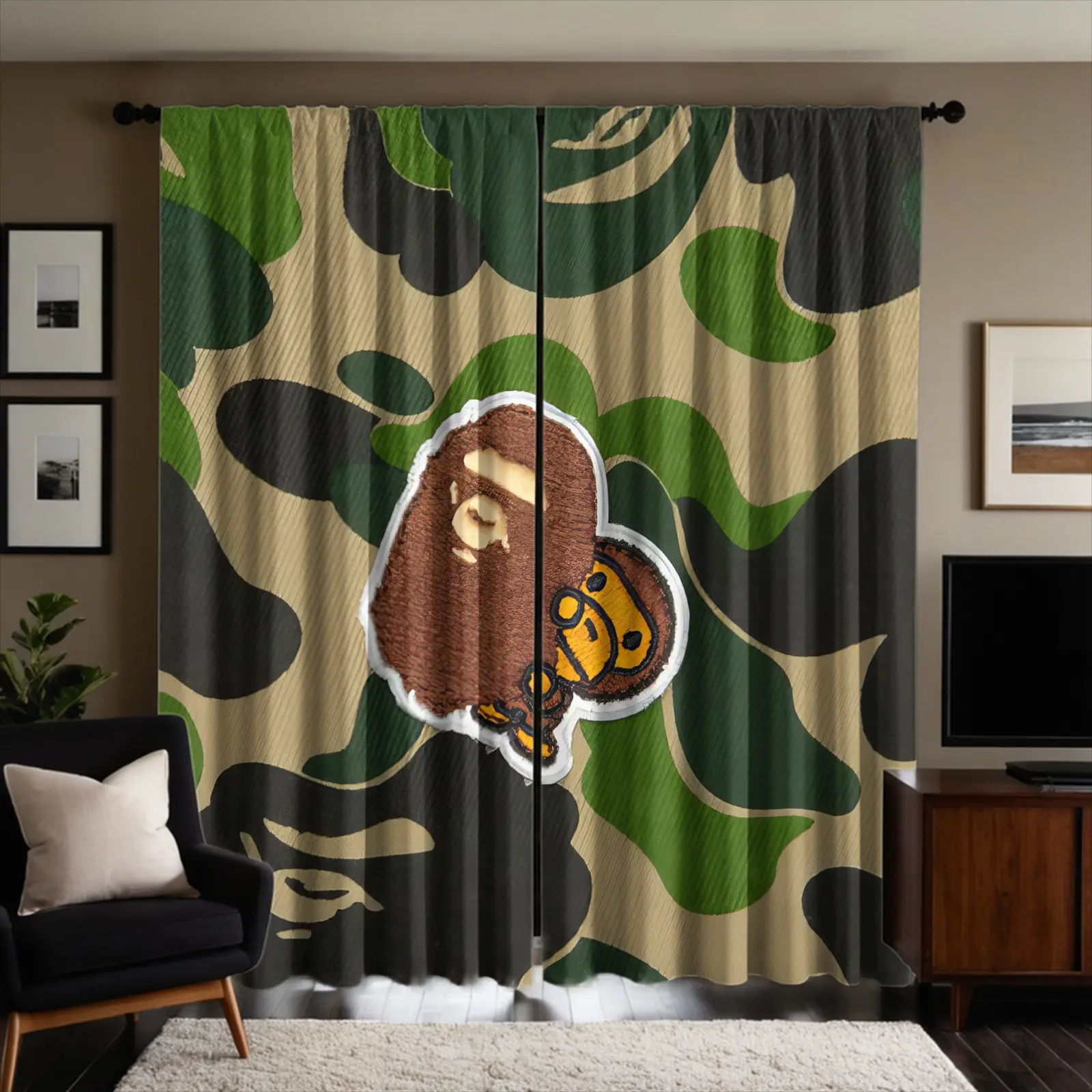 Set of 2 Brushed Fabric Curtains, Green Camo Cartoon Ape Head Digital Print Window Drapes, Semi-Transparent & Fade Resistant, Through Rod Hanging Design, Machine Washable, for Teen Boys Bedroom
