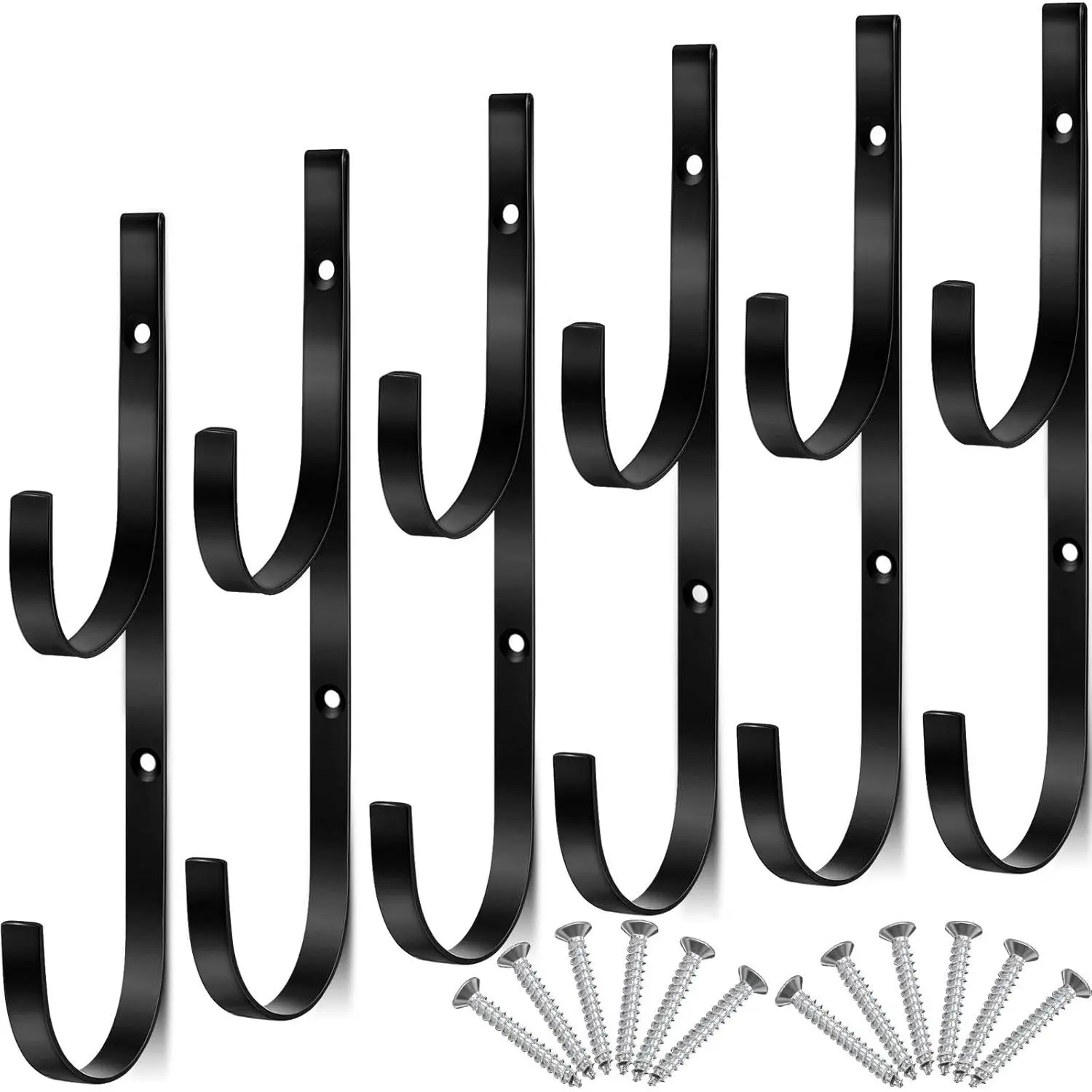 6-Piece Pool Pole Hook Hanger Set - Swimming Metal Brackets with 12 Screws for Telescopic Poles, Skimmers, Leaf Rakes, Net, Brush, Vacuum Hose, Garden & Pool Accessories (Black)