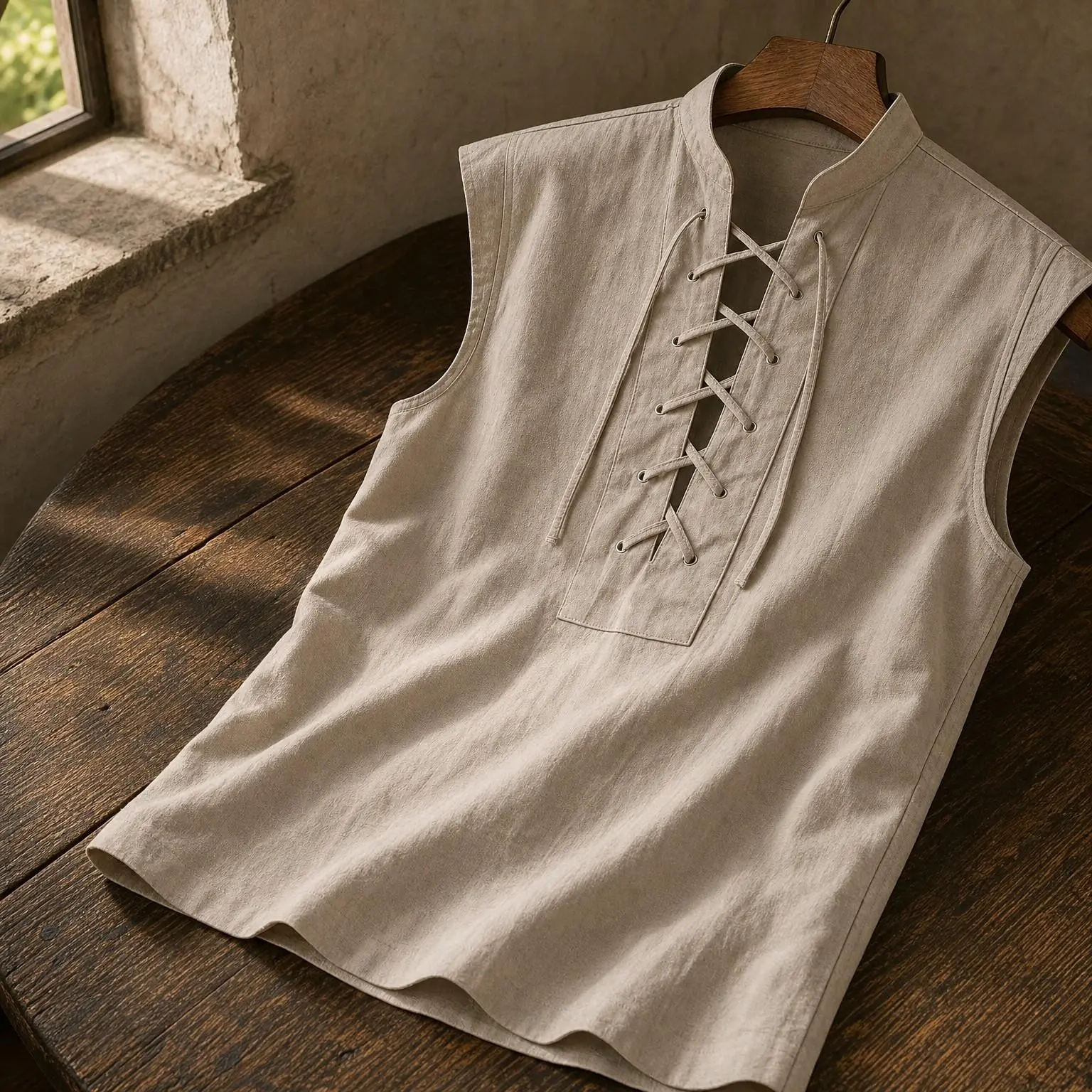 Men's Renaissance Pirate Medieval Sleeveless Halloween Costume, Pure Cotton Lace-Up Stand Collar Viking Tunic, Ren Faire Knight Cosplay, Vintage Steampunk Vest, Gothic ClothingGift