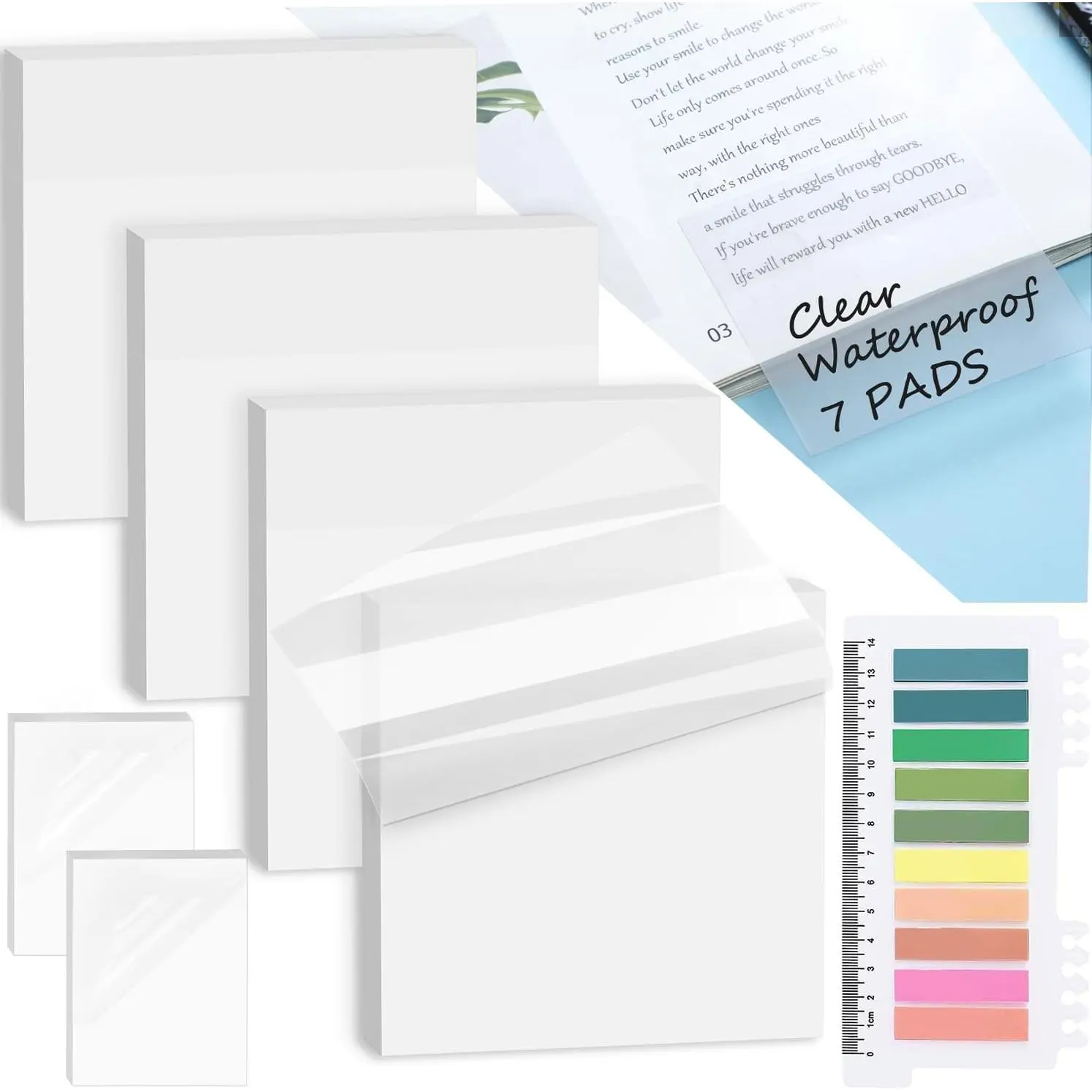 7-IN-1 Transparent Sticky Notes Set ?400 Sheets: 7 Pads+Sticky Tabs?-  3x3 inch Clear Sticky Note  & 5X Stickiness, See-Through Translucent Sticky Note for School Office  Supplies