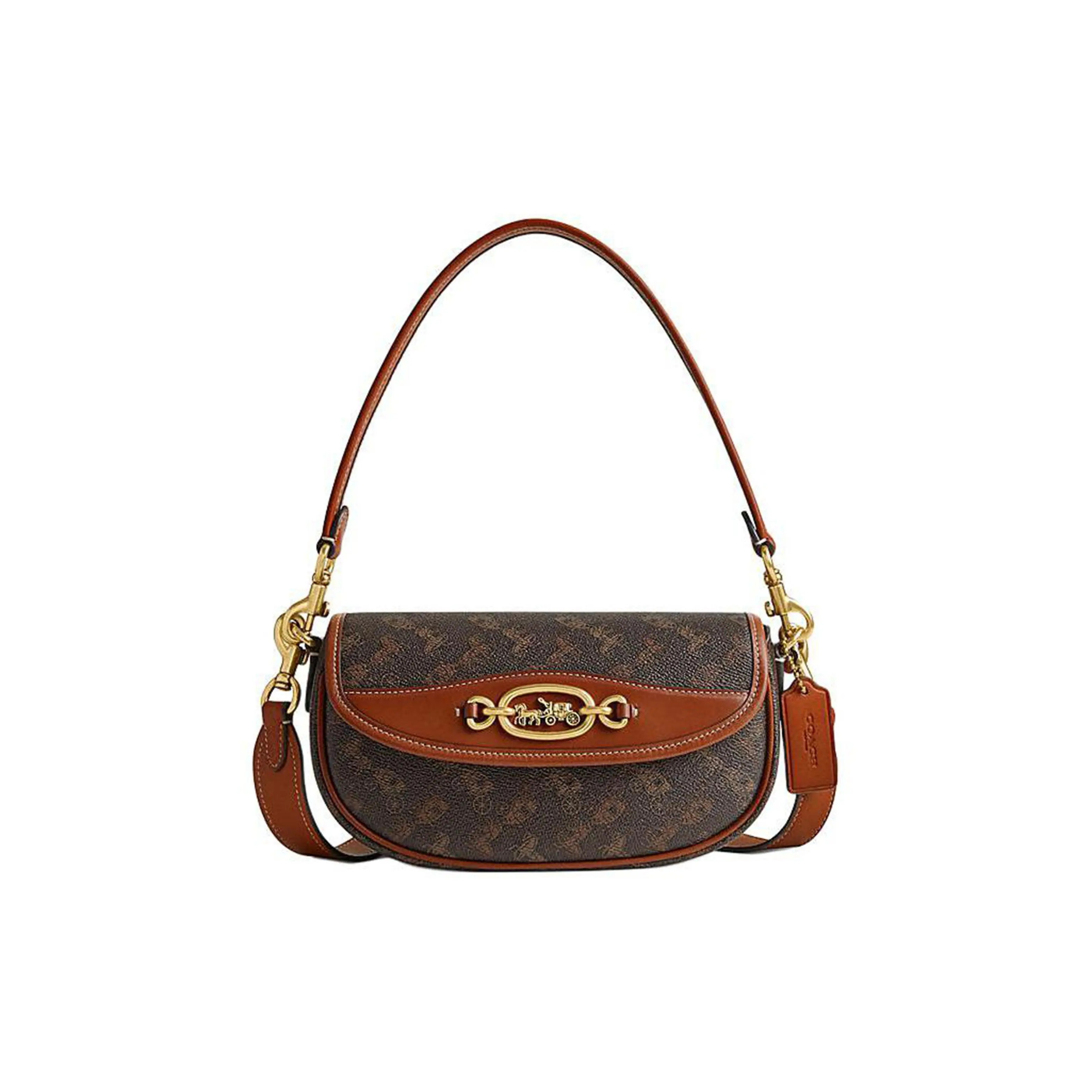 COACH Harley 23 Horse Carriage Logo Classic Monogram Snap Closure Crossbody Bag for Women, Medium Size, Tan and Brown