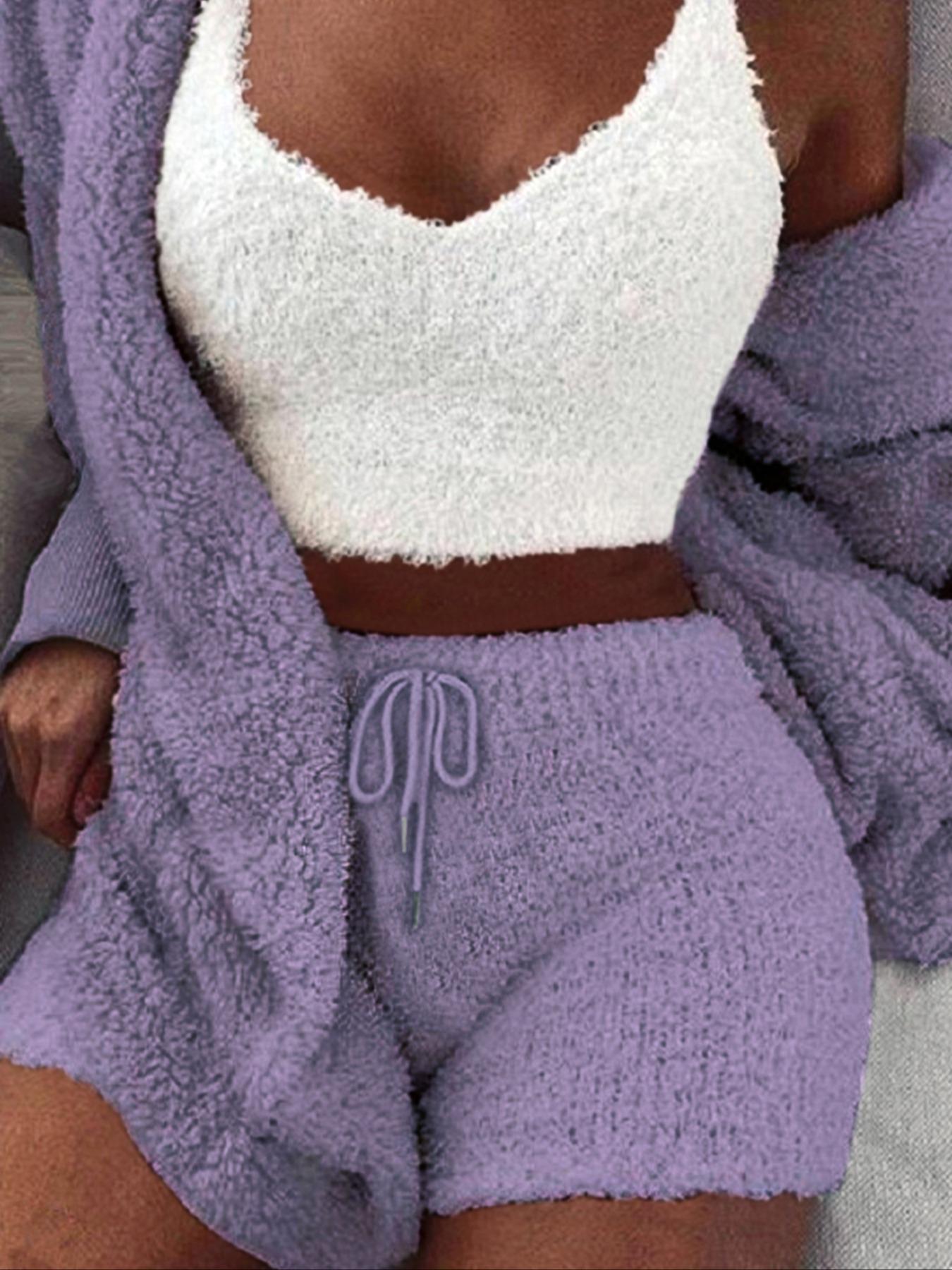Women's Solid Color Plush Three-piece Pyjama Set, Fluffy, Soft Pajamas, Comfy V Neck Cami Top & Hooded Coat & Tie Front Shorts Loungewear Set, Women's Sleepwear for Winter