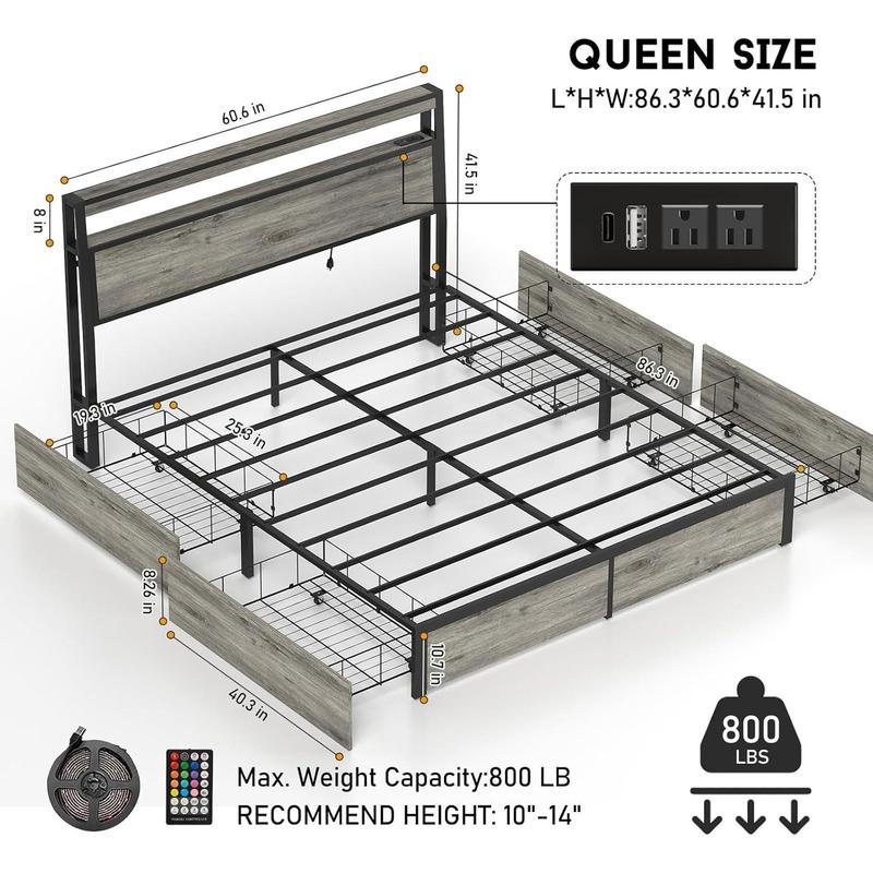 Queen Size Bed Frame with 4 Storage Drawers and Headboard with Charging Station and LED Lights,2 Tier Solid Wood Headboard Storage/Noise Free/No Box Spring Needed/Remote Control/Rustic Grey