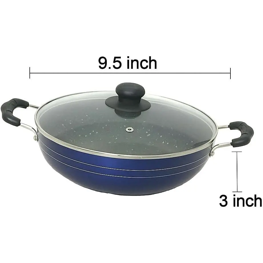 240mm 2.2L Non-Stick Aluminium Deep Kadhai Induction Base Flat Bottom Frying Pan Wok with Glass Lid All Purpose Cookware