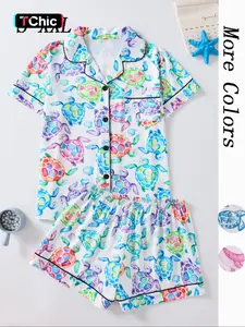 Women's Turtle Print Shirt & Shorts Pajama Two-piece Set, Casual Comfy Short Sleeve Top & Shorts Pajama Set, Ladies Summer Sleepwear & Loungewear, Shorts Pj Set