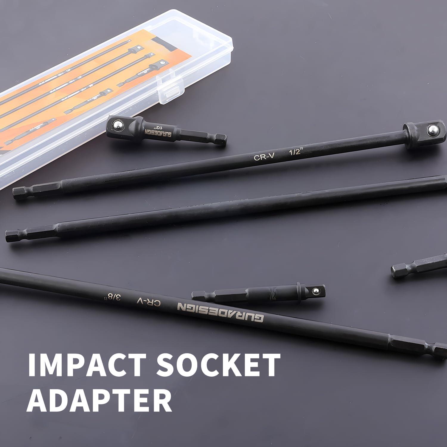 10" Long Impact Socket Adapter Set for Drill 6-, 10" and 3", Impact Grade Power Drill Sockets Adapter Set, 1/4", 3/8", 1/2" Hex Shank Impact Driver Socket Adapter.