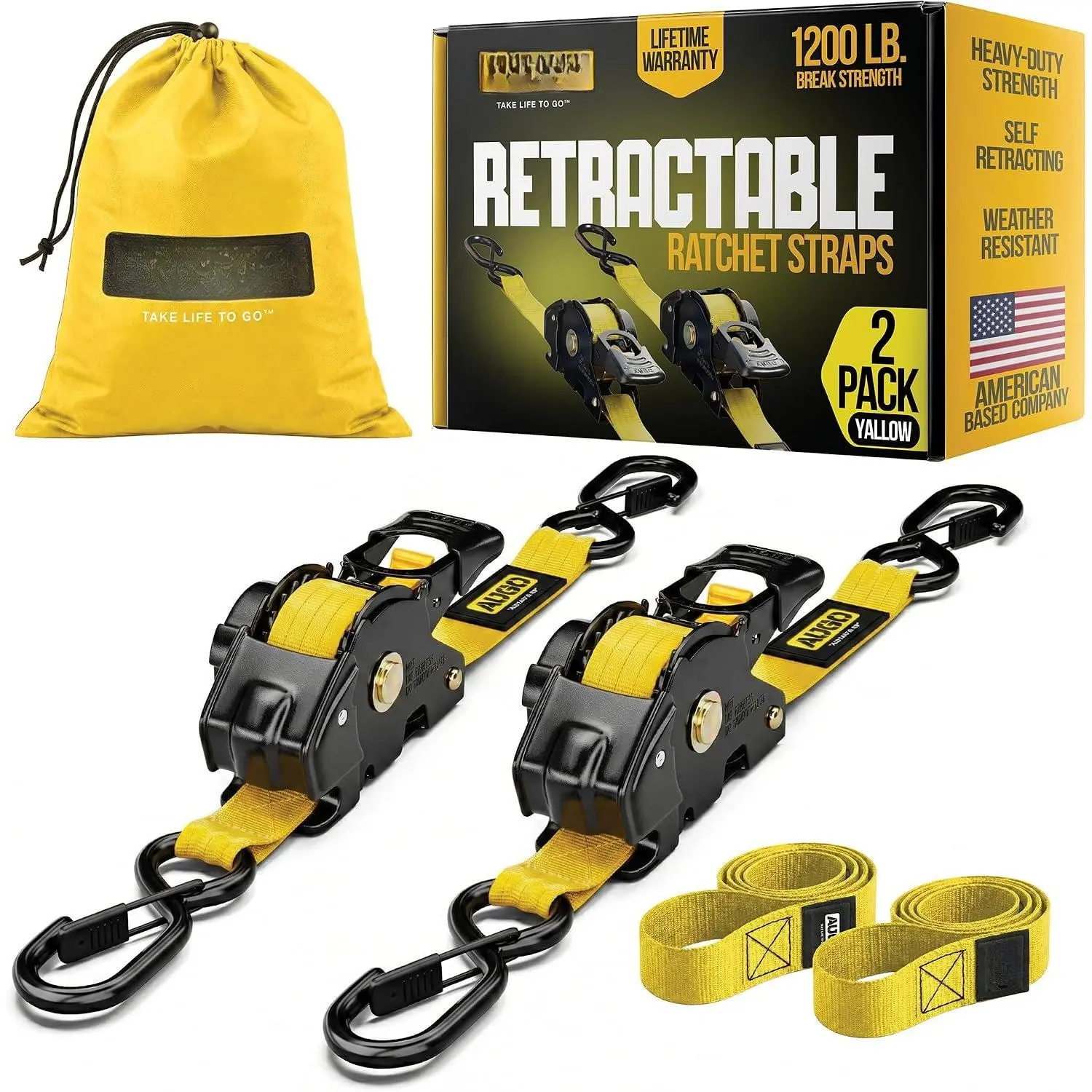 Self-Retracting Ratchet Straps - 2 Heavy Duty Auto Locking Click Handle Tie Downs with Soft Loops & Storage Bag for Heavy Cargo, Cargo Van - 1200 Lb Break Strength, 1” x 10’
