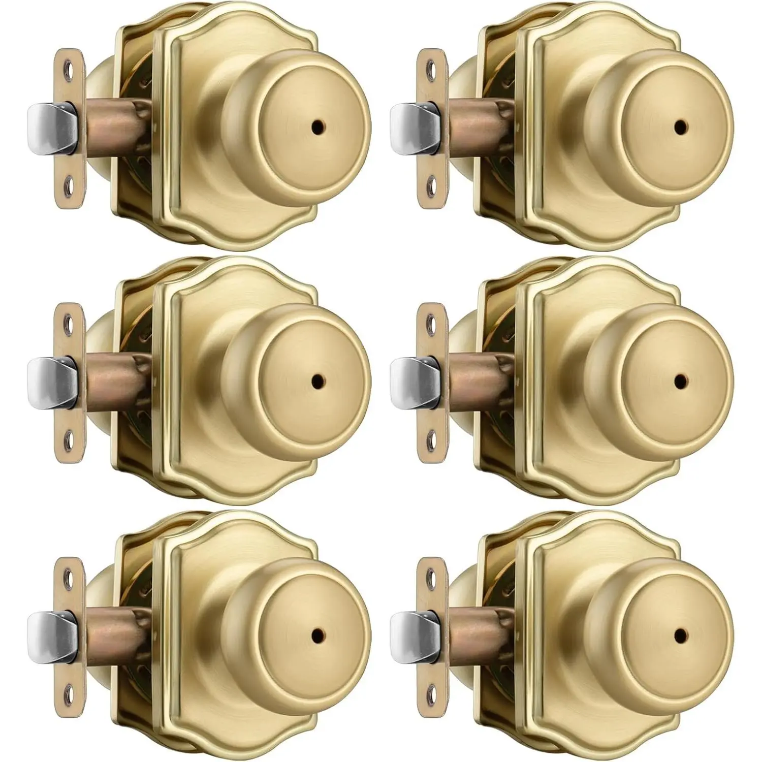 6 Pack Gold Door Knobs with Camelot Trim, Interior Door Knob with Lock, Coastal Privacy Door Knob for Bath and Bedroom, Satin Brass