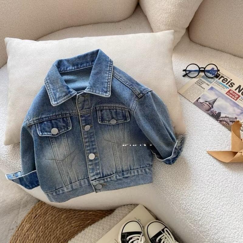 Boys' Spring Fall Denim Shirt-Style Jacket Korean Design Kids Long Sleeve Top Casual Solid Color Coat with Fiber Button Closure Stand Collar All-Season Indoor Outdoor Apparel