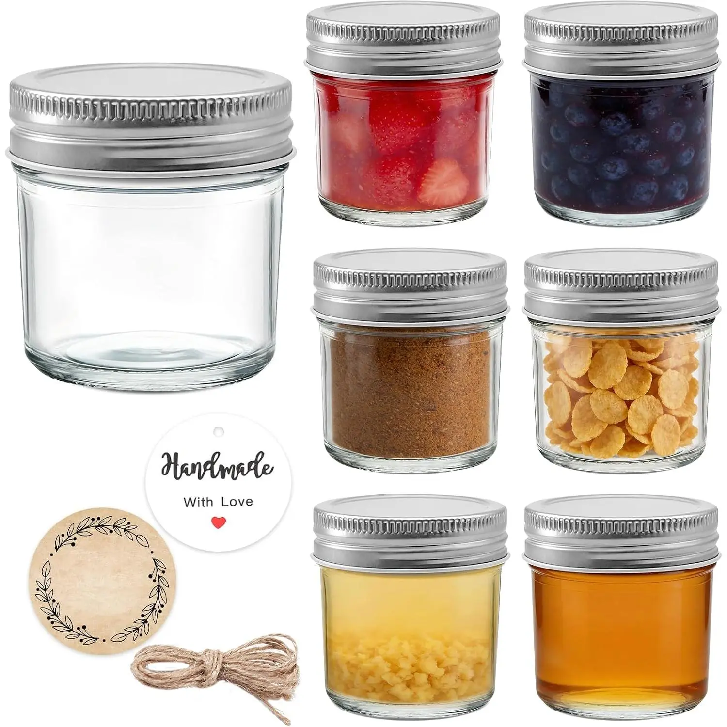 6 Pack 2 oz Mini Mason Jars, Small Glass Jars with  | - Airtight , Inner Seals, Labels, Twine & Tags Included for Ginger Shots, Honey, Sauces, Spices, Wedding Favors
