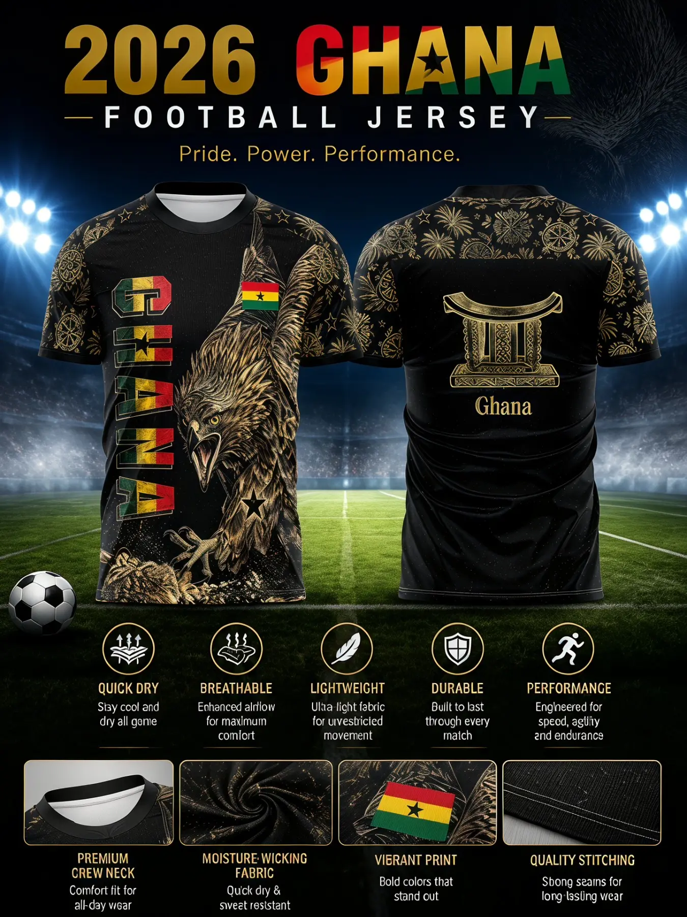 2026 Ghana Soccer Jersey, Mesh Akanshade Tribal Flower Print, Quick-Dry Breathable Lightweight Durable Sports T-Shirt, Fan Match Training, Football Shirt