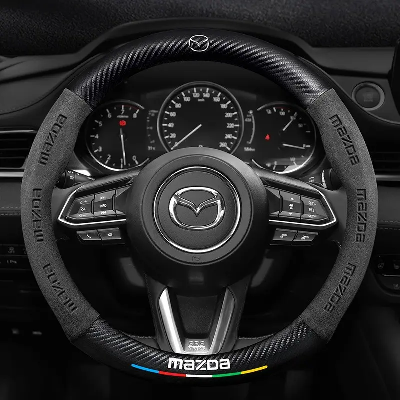 38cm Car Carbon Fiber Leather Steering Wheel Anti-Slip Cover For Mazda 3 5 6 SKYACTIV Axela Atenza CX30 CX5 CX8 CX9 MX5 RX8 RX7 BT50 Auto Accessories