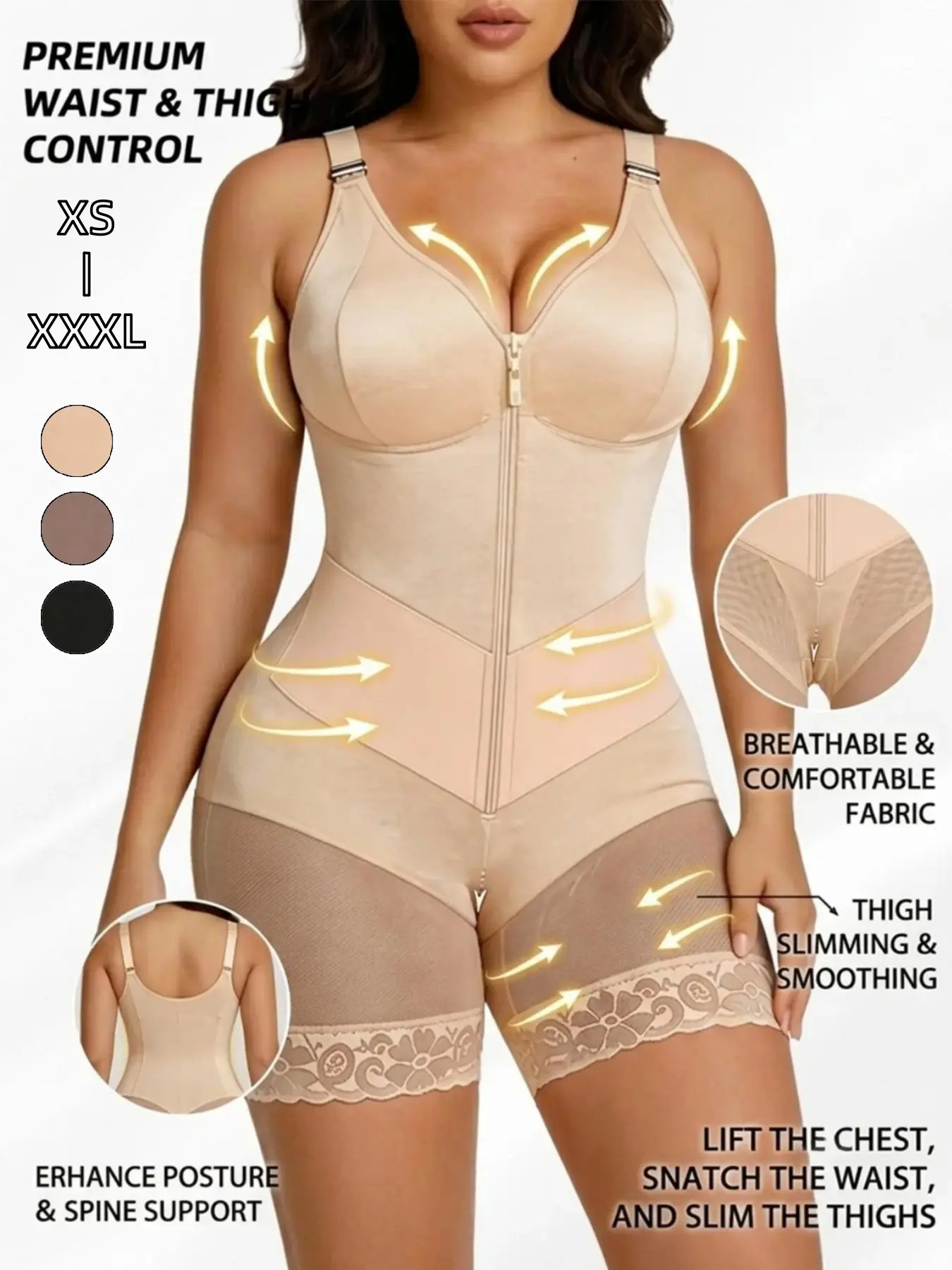 Colombian Faja Moldeadora Thong Bodysuit Seamless Cutout Open Back , Deep V Neck Zipper Front Lace Hem Anti Slip Strip Strong Tummy Control Waist Thigh Shaper, Butt Lifter Postpartum Sexy Lenceria Sexi Mujer Hot Fajas