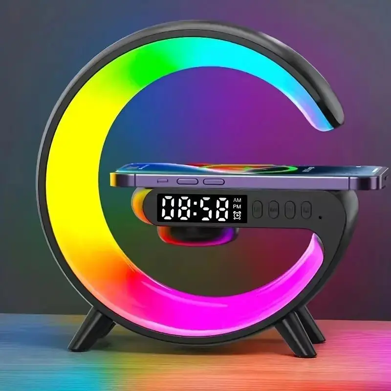 Mini Fast Charge Multifunction Wireless Charger Stand - ABS Plastic Body, RGB Light, Alarm Clock Speaker, Qi Charging Dock Station Kit with Cable for iPhone Users, Samsung, Xiaomi, iPad (Qi-Enabled Devices)