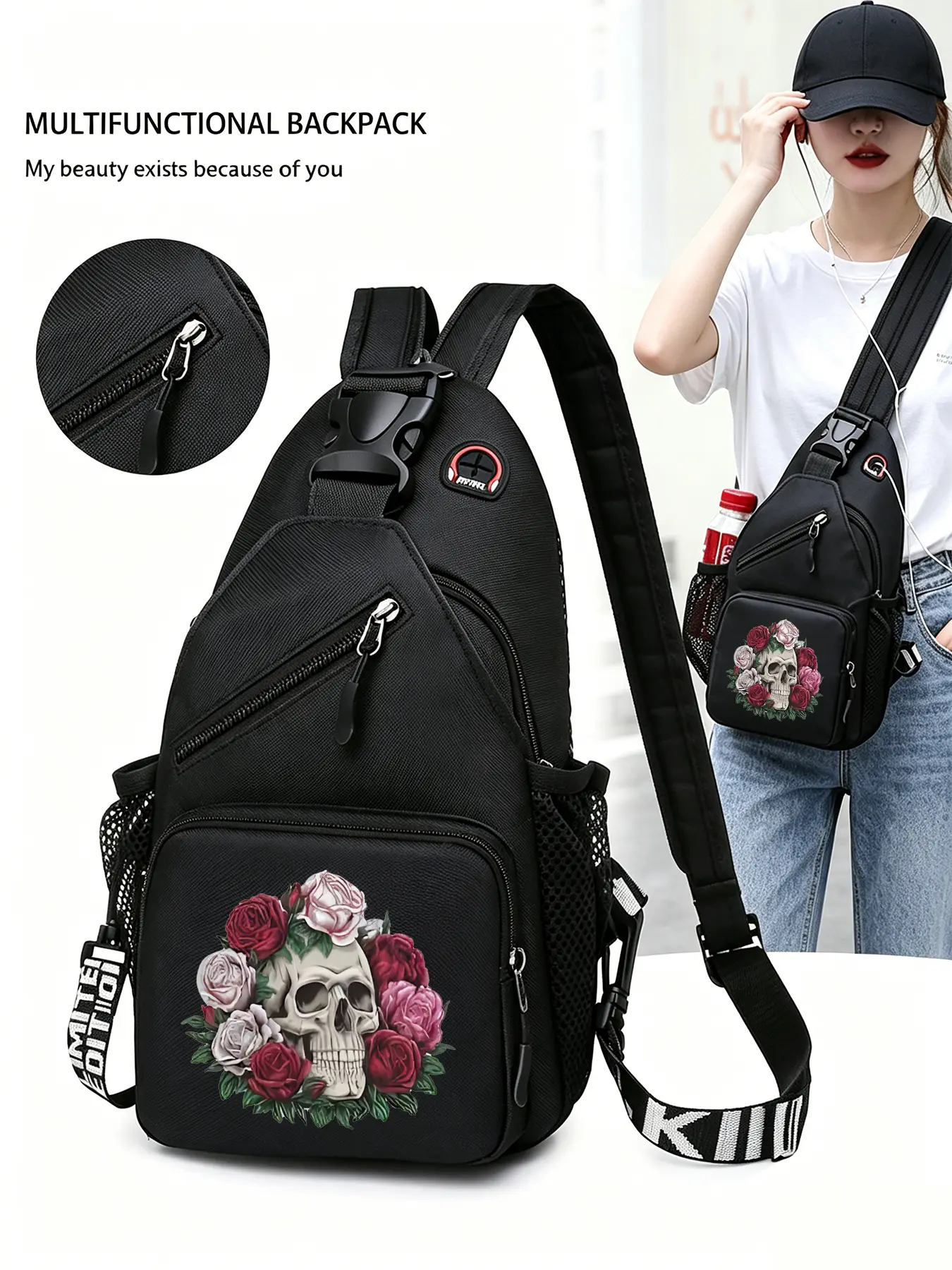 Skull & Roses Patterned Convertible Crossbody Bag/backpack, Multi-functional Chest Bag with Convertible Zippered Shoulder Strap, Multiple Pockets, Suitable for Travel, Sports, and Daily Commuting, Halloween Gifts, Convertible Shoulder Bags