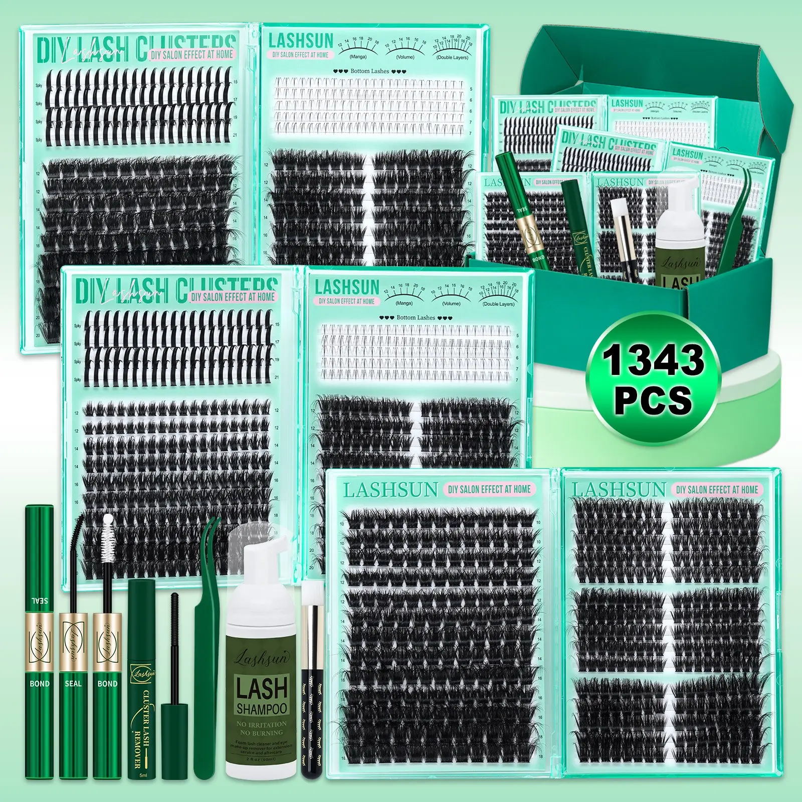 1343 Pcs D Curl Lash Clusters Set, Spiky Lash Clusters, Makeup Eyelashes Extension, Mixed 5-21mm 7 Styles Bottom/Spike/Volume Thick 3D Multi-Layered Lashes, Kit with Bond&Seal Remover Tweezers Lash Shampoo Brush, DIY at Home Easily, Easy Apply