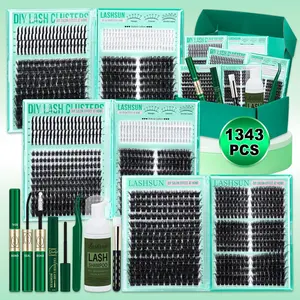 1343 Pcs D Curl Eyelash Clusters Set, Spiky Lash Clusters, Mixed 5-21mm 7 Styles Bottom/Spike/Mega/Cat/Volume Thick 3D Multi-Layered Lashes, Kit with Bond&Seal Remover Tweezers Lash Shampoo Brush, DIY at Home Easily, Easy Apply for Makeup Daily