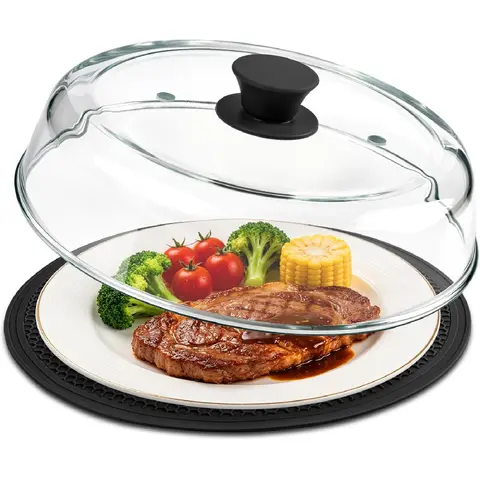 10 in Food Grade Ceramic Microwave Splatter Cover Set - Heat-Resistant Glass-Silicone Build, Silicone Mat, Bisphenol A (BPA)-Free, Durable, Dual Steam Vents, Easy-Grip Handle, Steady Grip, Dishwasher Safe, Kitchen Turntable Shield, Round Plate Guard