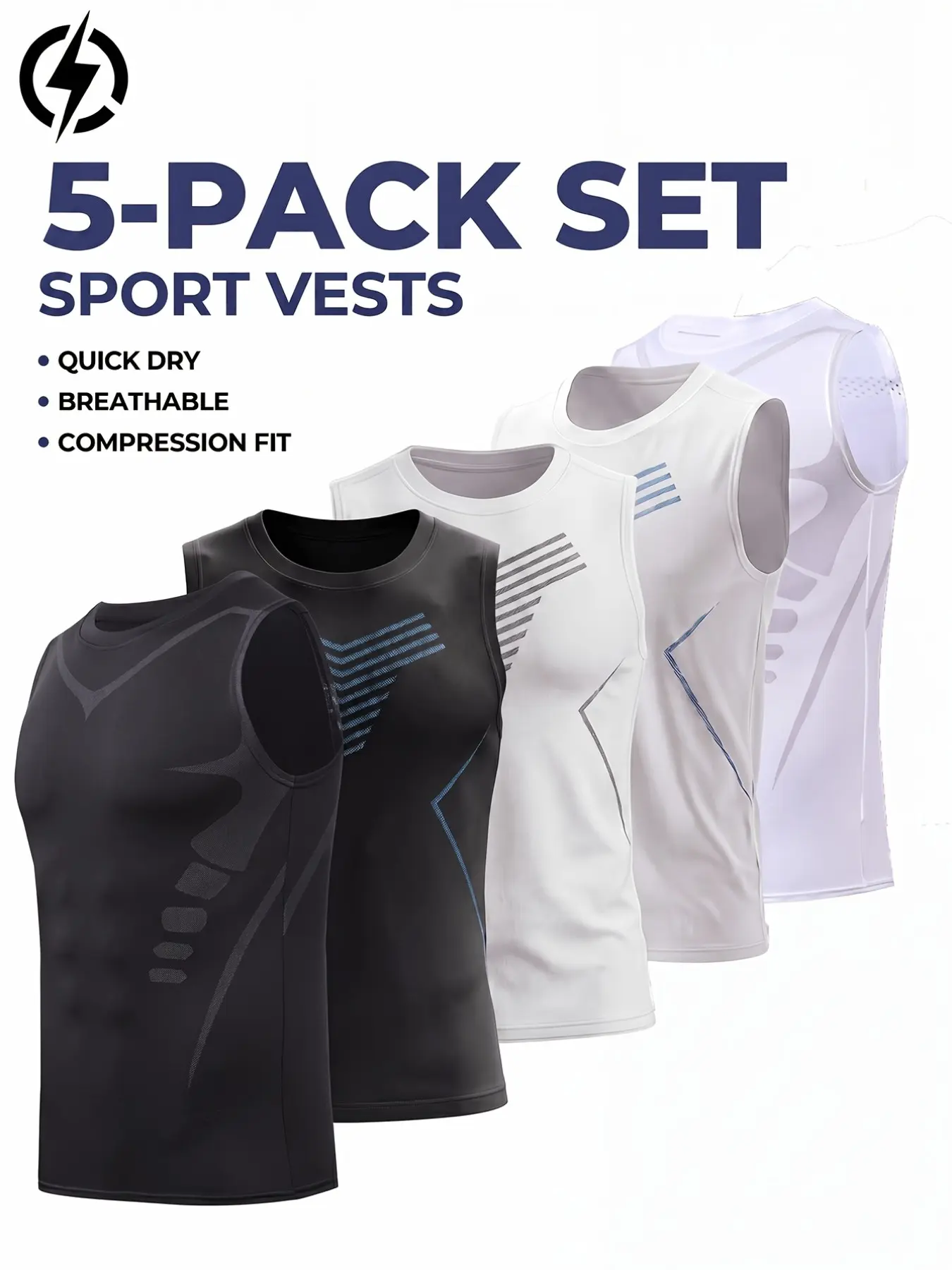 5 Piece Set Sporty T-Shirts Tank Tops Running Base Layers Gym Training Wear Men Sweat-Wicking Elastic Tight Fit Clothing