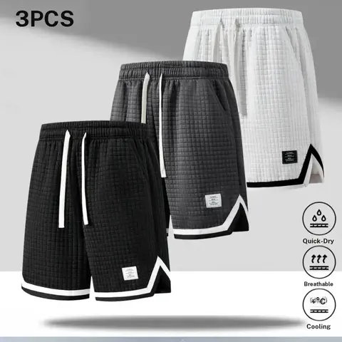 Men's 3-Pack Summer Loose-Fit Textured Polyester Knit Shorts - Breathable, Quick-Dry, Soft Fabric, Sporty Checkered Street Style, Above-the-Knee, Ideal for Basketball Training, Everyday Wear