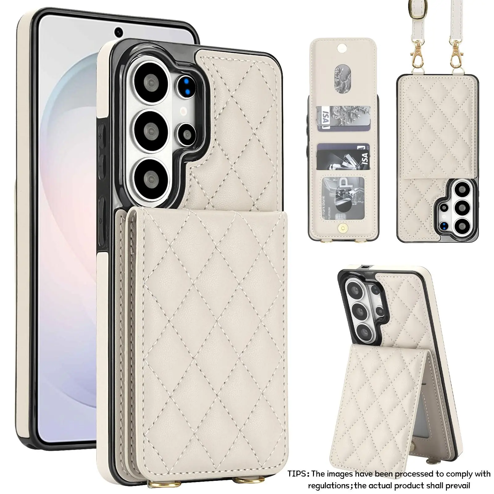 Rhombus Grid Card Holder Stand Phone Case & Detachable Crossbody Strap, Smartphone,for Samsung Galaxy S24-S26 FE/Plus/Ultra/Edge,4-Slot Card Holder Design,Stores Bank Cards/IDs,Simplifies On-the-Go Essentials,Protective Cover,Design Ideal for Daily Use
