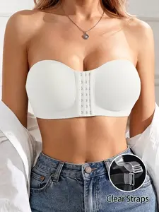 Wireless Strapless Bandeau Bra, Front Closure Seamless Sports Bra, Comfortable Push-Up Bra, Backless Underwear, Solid Color Women's Bras