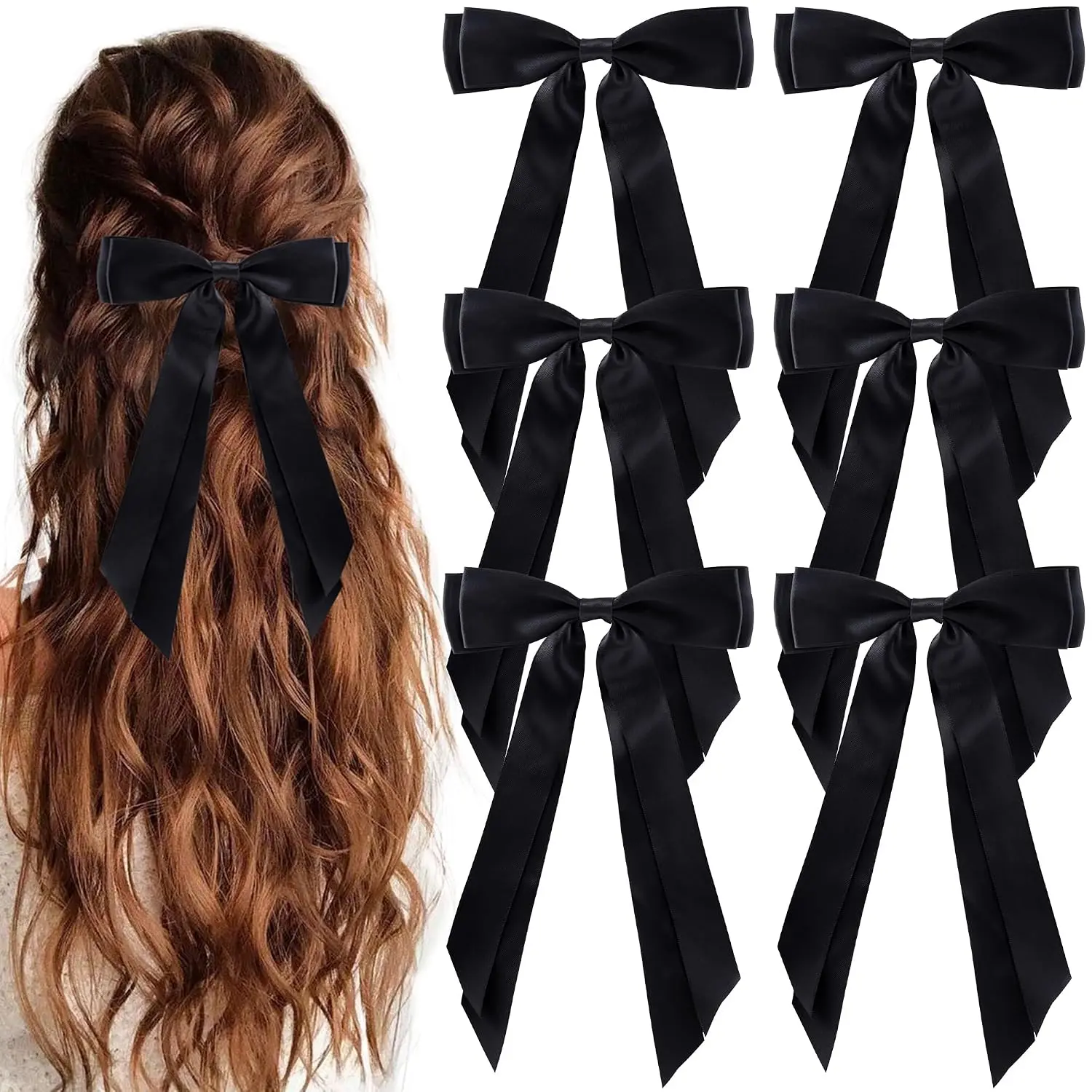 6 count Hair Bows Clips for Hair Silky Satin Ribbon  Barrettes  Hair Ponytail Holders Cute Accessories for Women Girls(Black)