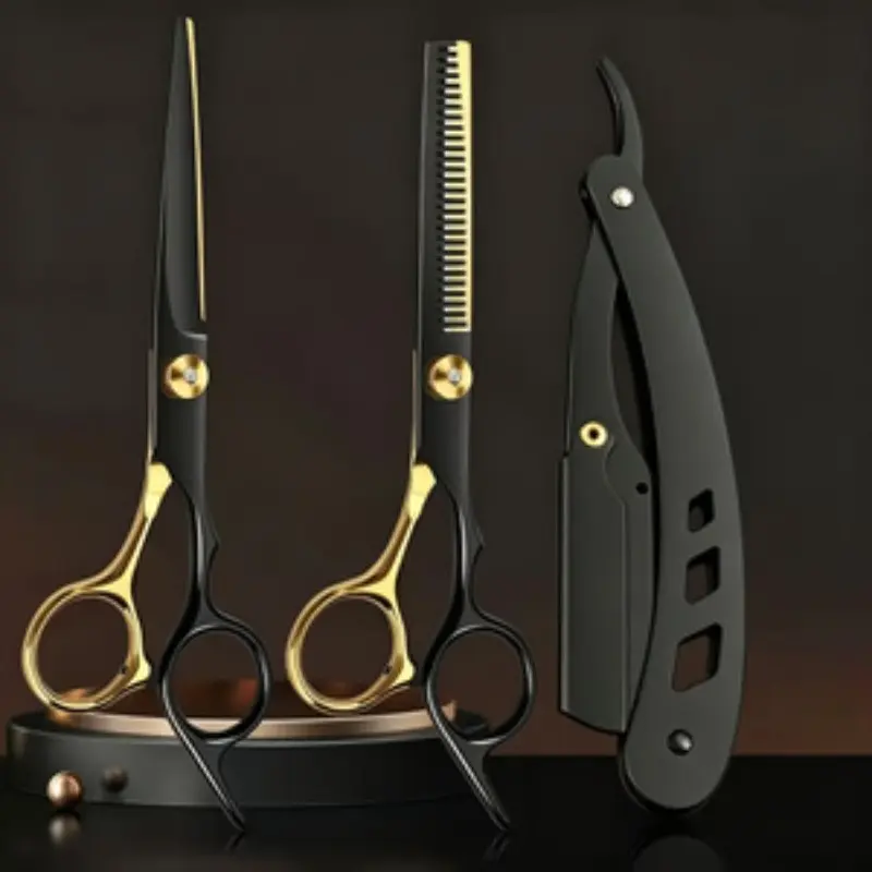 3pcs Haircutting Scissors Set, Gold Flat Blade Trimmer, Thinning Shear, Bangs Tool, Barber Scissors, Razor Knife, Hair Salon Tools