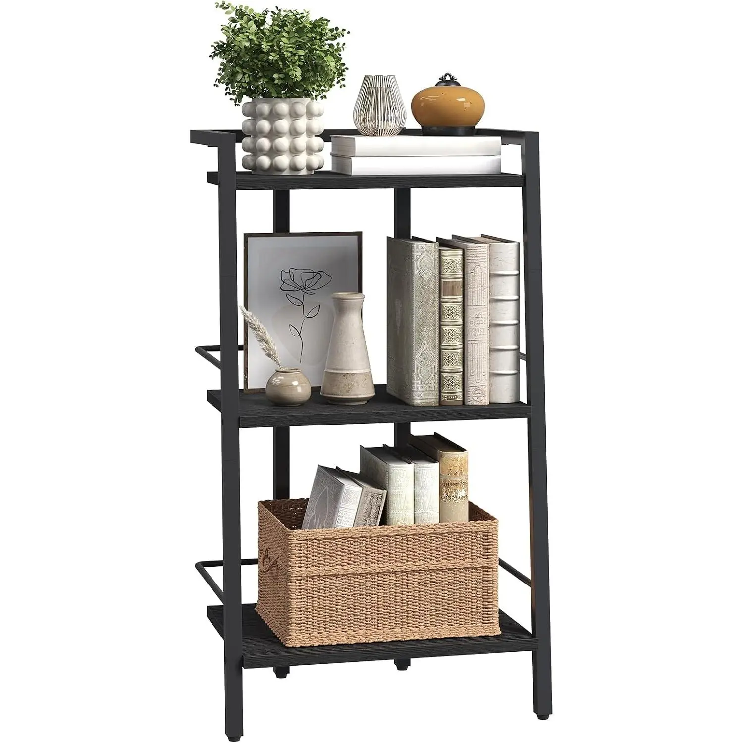 3-Tier Book Shelf, Ladder Shelf, Bookcase, Ladder Shelving Unit | Freestanding Storage Rack with Side Rails for Living Room, Bedroom,  Office, Kitchen Black LSBK3301