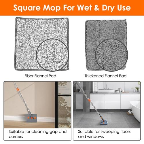 2 In 1 Baseboard Cleaner Mop Wall Cleaner Mop With Squeegee Extendable Long Handle 8 Reusable Fiber Flannel Chenille Mop Pads 360 °   Rotatable Convex Design-5161