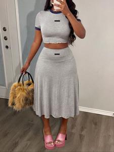 women's colorblock tee & skirt two-piece set, elegant fashion casual crew neck top & skirt for daily outdoor wear, ladies for summer