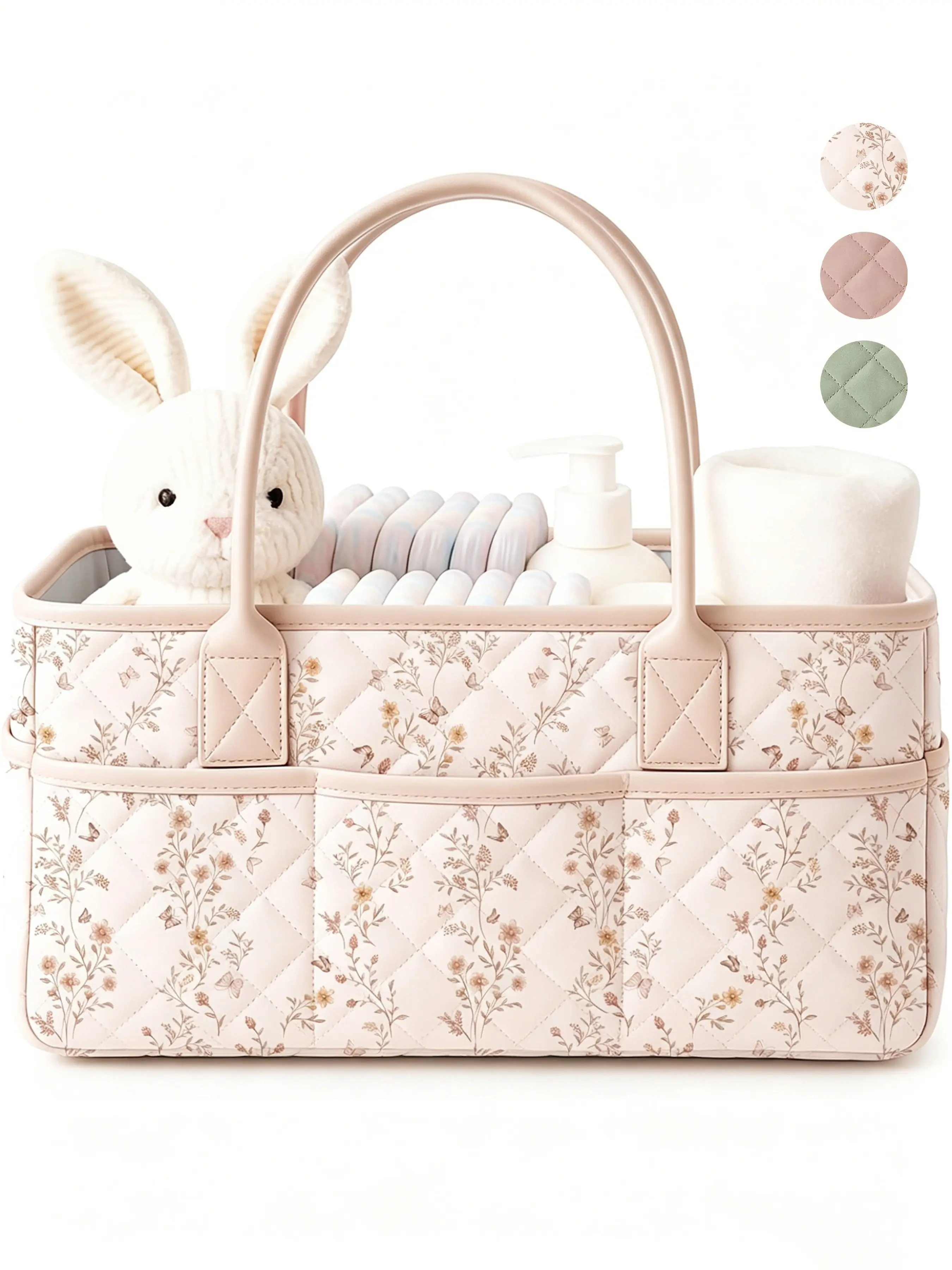 Baby Diaper Caddy Organizer, Diaper Bag Organizer, Floral Design with PU Leather Handles, Quilted, Water-Repellent, Diaper Caddy Basket with Removable Dividers, Baby Registry Must Have, Baby Shower Essentials, Caddie Car Organizer for Newborn Boy or Girl
