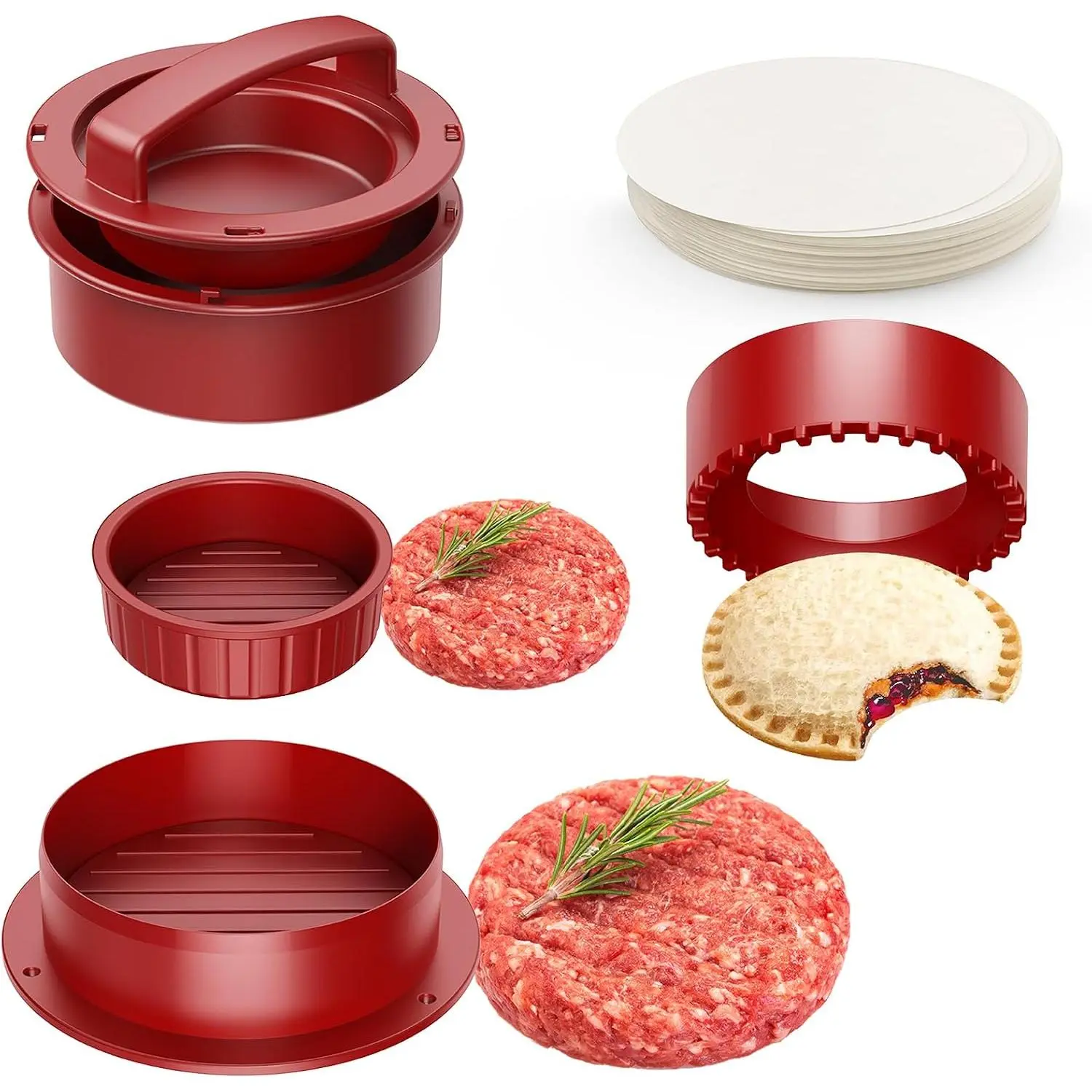 4-in-1 Detachable Hamburger Press Patty Maker with Detachable Parts & Multi-Size Molds - ABS Plastic Kitchen Utensil Set for Home Cooking, Stuffed Meat/Beef/Veggie Patties, Includes 100 Wax Disc Papers