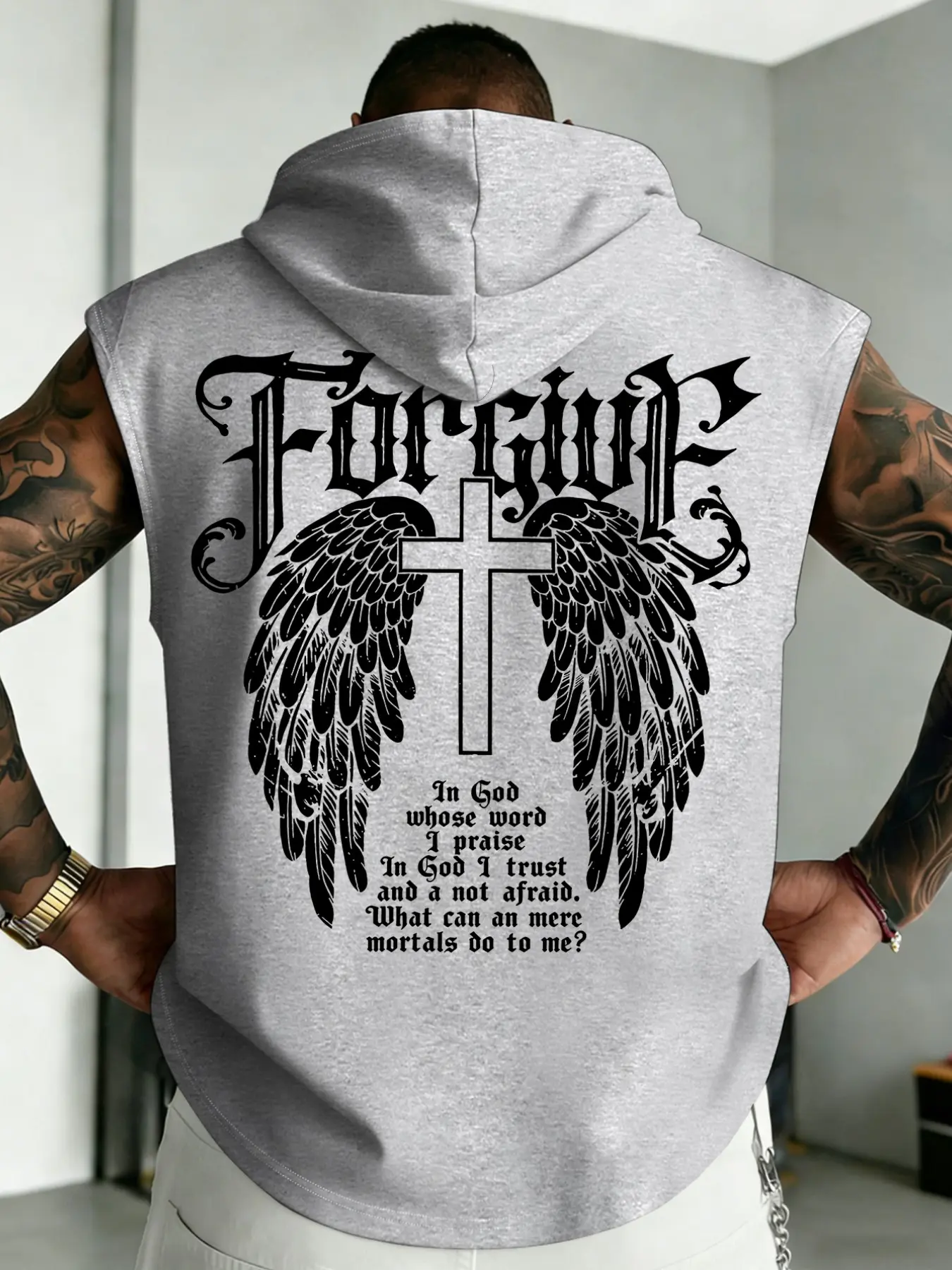 Men's Gothic Font Cross Print Sleeveless Drawstring Hooded Vest, Loose Fit Christian Style, Casual Workout & Daily Wear#MensHoodedTank #FaithChristianWear #WingCrossPrint #GymStreetStyle #TikTokFashion #TrendingMens #SpiritualAesthetic #OOTDMen