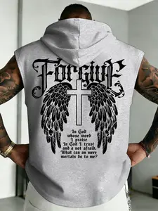 Men's Gothic Font Cross Print Sleeveless Drawstring Hooded Vest, Loose Fit Christian Style, Casual Workout & Daily Wear#MensHoodedTank #FaithChristianWear #WingCrossPrint #GymStreetStyle #TikTokFashion #TrendingMens #SpiritualAesthetic #OOTDMen