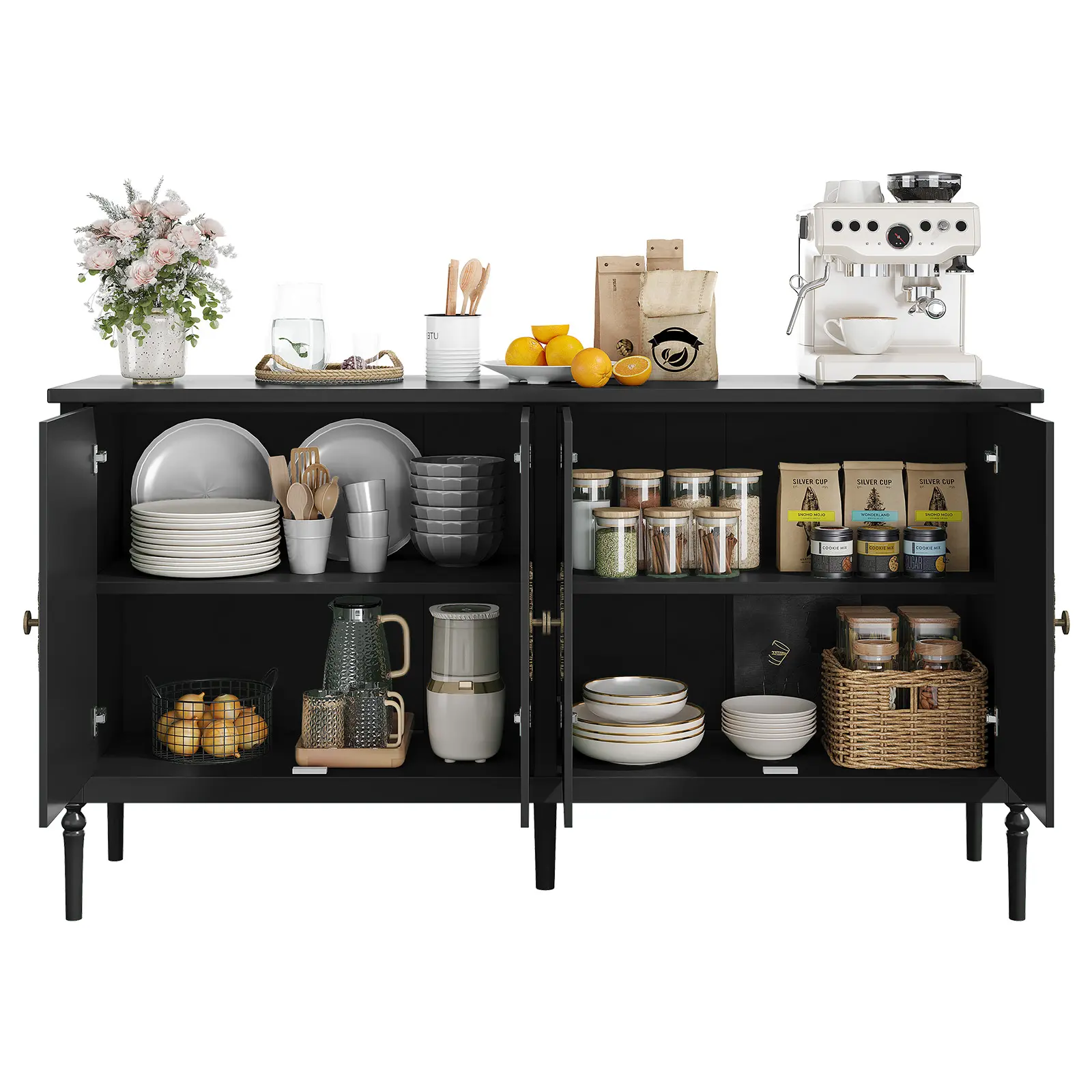 Modern Sideboard Buffet Cabinet with Storage - 59 Inch Wooden Credenza with 4 Doors & 2 Adjustable Shelves - Coffee Bar Console Table for Living Room, Dining Room, Kitchen, Entryway - Black or Green