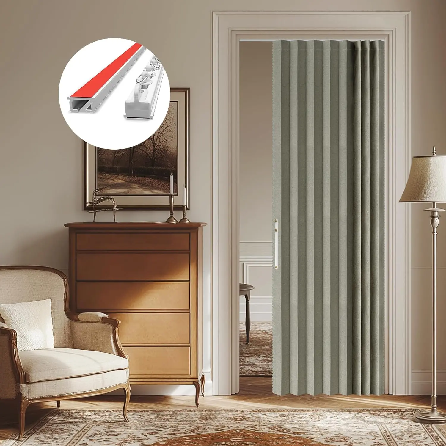 100% Blackout Accordion Door - Invisible Folding Panel for Bedroom, Living Room, Doorway - Sets Includes Tracks (1 Panel, 43W x 79L, Grey)