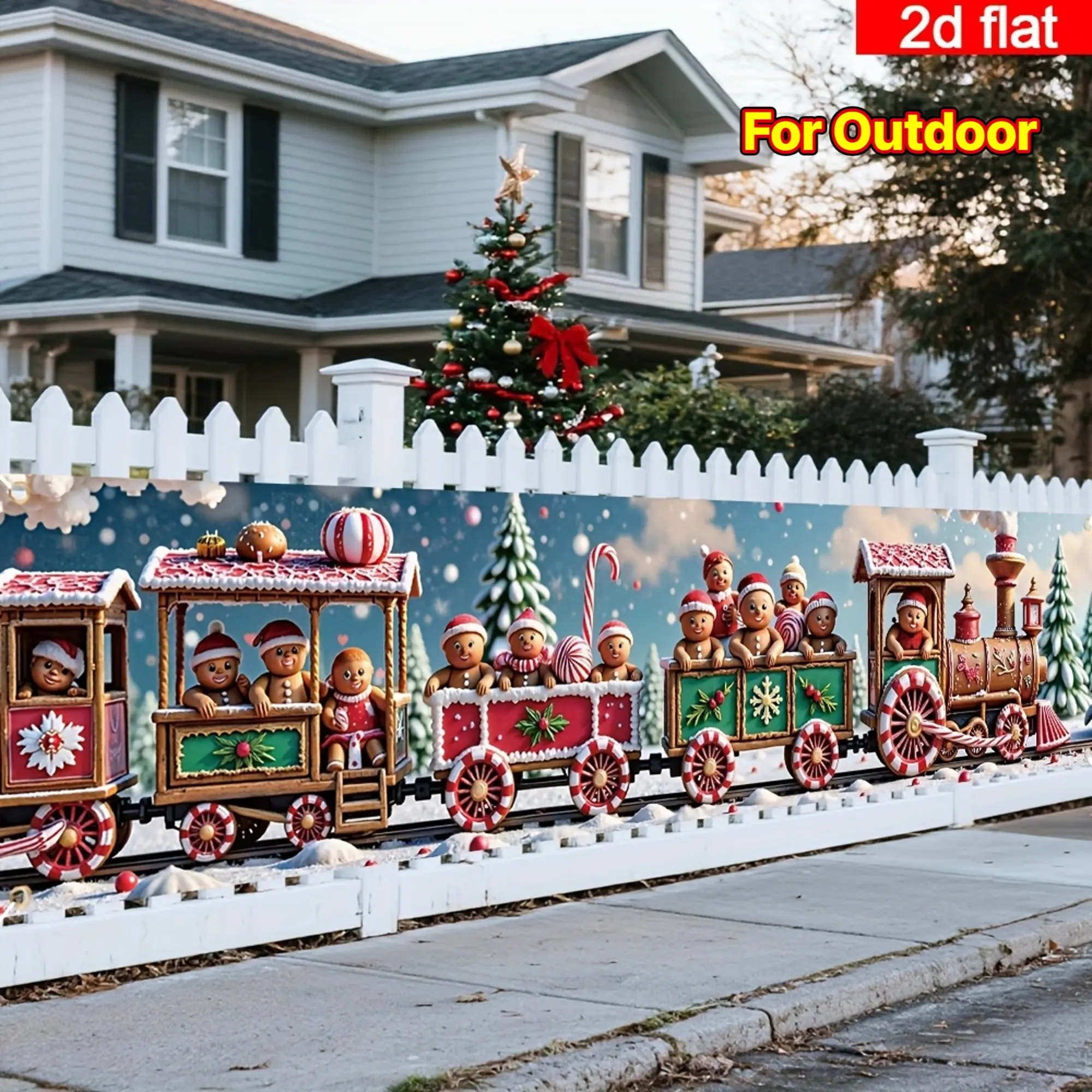 2D Flat Merry Christmas Gingerbread Train Banner, Candy Cane Snowflake Lollipop Design, No Electricity for Fence Balcony Garden Outdoor Decor,Vibrant,Artificial,Cedar,Festive,Lawn,Goose Decor Outfits,Ornaments,Set,SnowmanElk,Chair,Cover,Red,White,Ball, Pr