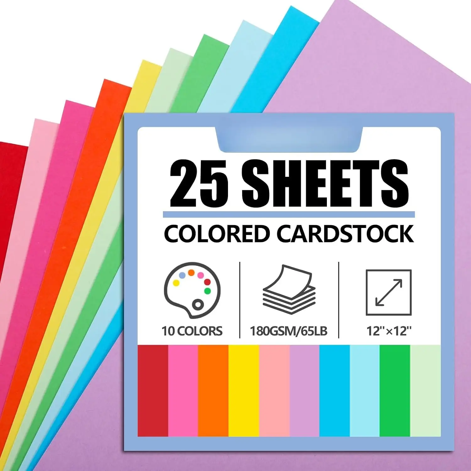 25 Sheets Colored Cardstock 12 x 12 In, 10 Colors, 180 Gsm, 65 Lb | Smooth Printer-Friendly Cardstock for Cards, Scrapbooking, School Crafts, Decorations, and Diy Projects