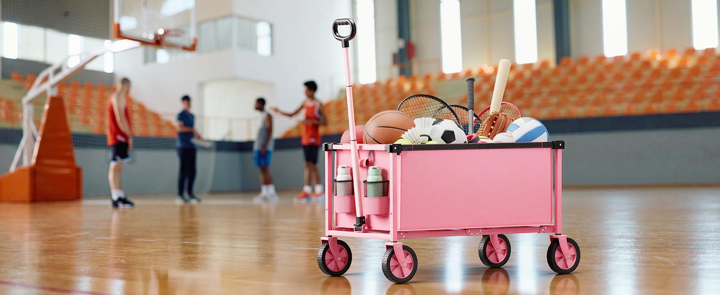 Collapsible Wagon Cart with Wheels, 150L Lightweight Foldable Cart, Rolling Wagon for, Shopping, Sports, Camping, Transport, Pink