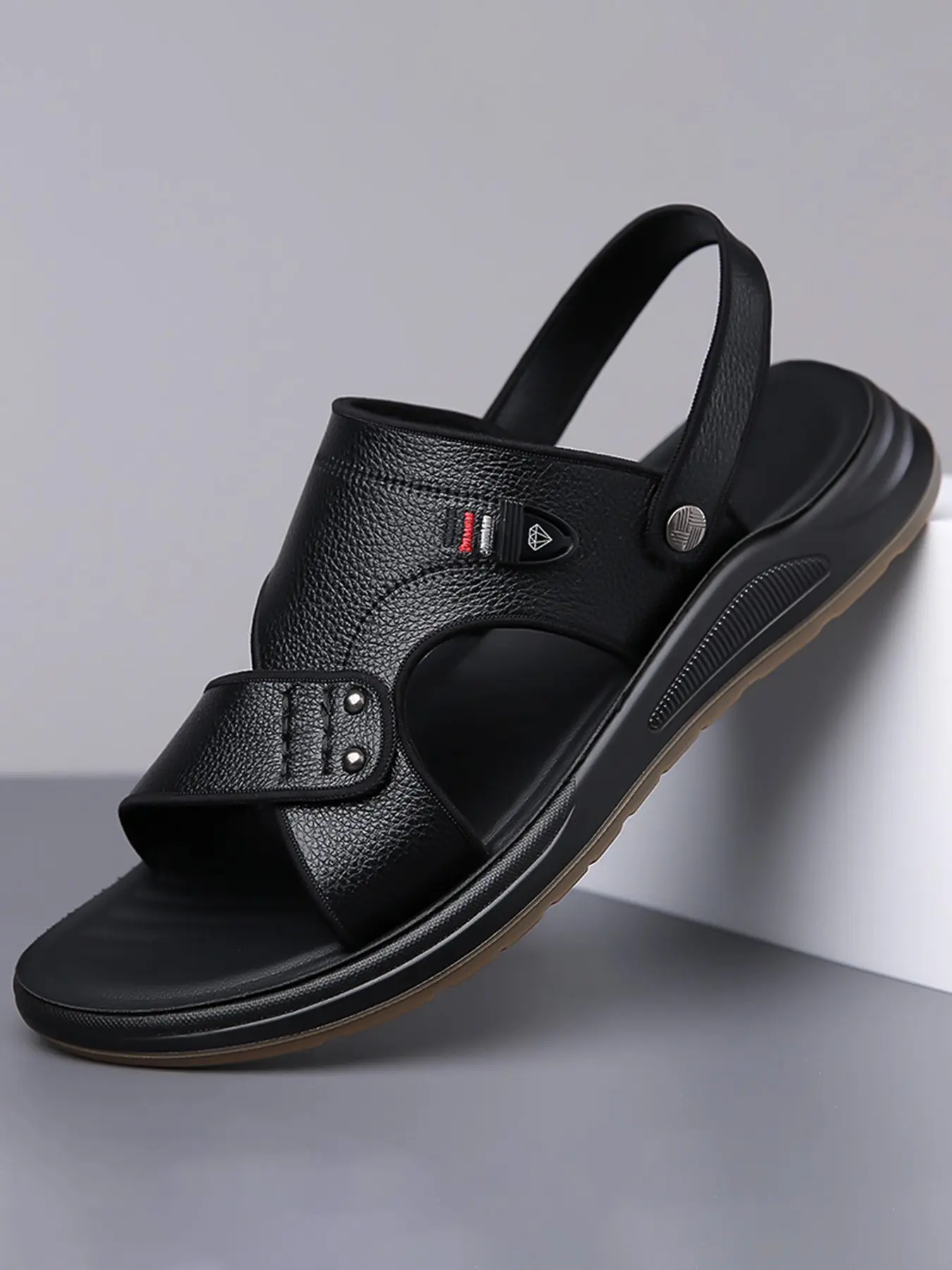 Men's Summer Beach Sandals, Anti-Slip Shock Absorption, Lightweight Durable Soft Sole, Outdoor Commute, Simple Car Line Lemon Texture Cowhide, Summer Beach Footwear