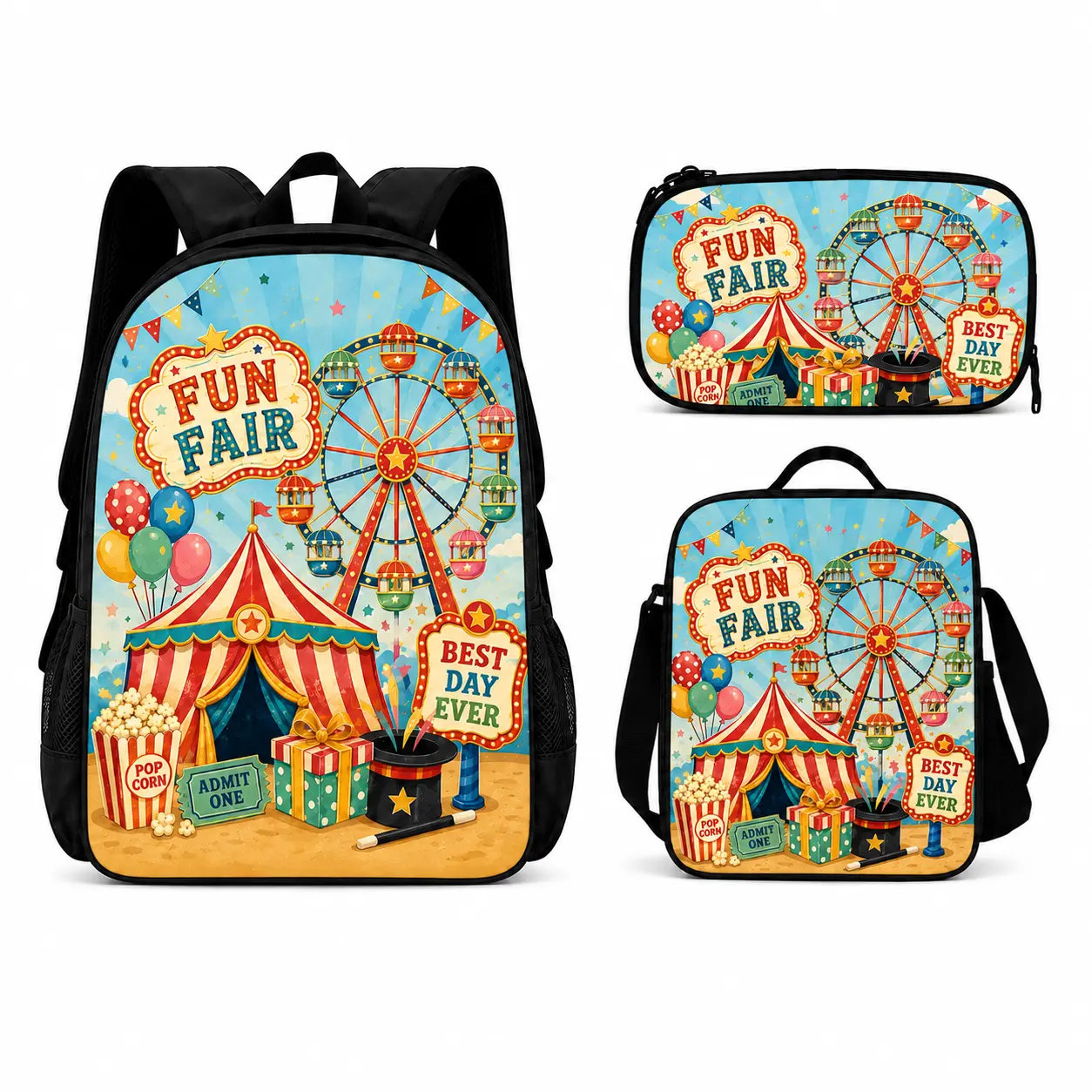 Carnival 3-Piece Backpack Set for Kids, Matching Backpack, Lunch Bag and Pencil Case with Adjustable Shoulder Straps, Top Handles, Zippered Closures and Black Trim for School Days, Classroom Use, Lunch Breaks, Study Sessions and After-School Programs