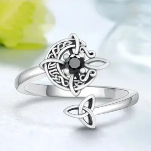 Mai Rui Adjustable Moon Witch Knot Ring with Black Diamond Accents, Goth Alternative Artistic Moon Motif Ring, Women's Adjustable Fashion Accessory, Mystic Style Unique Gift