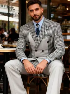 Men's Houndstooth Blazer Suit Set, Double-Breasted Design, Slim Fit, Long Sleeve, Party Wear, All Seasons, No Tie or Lapel Pin Included