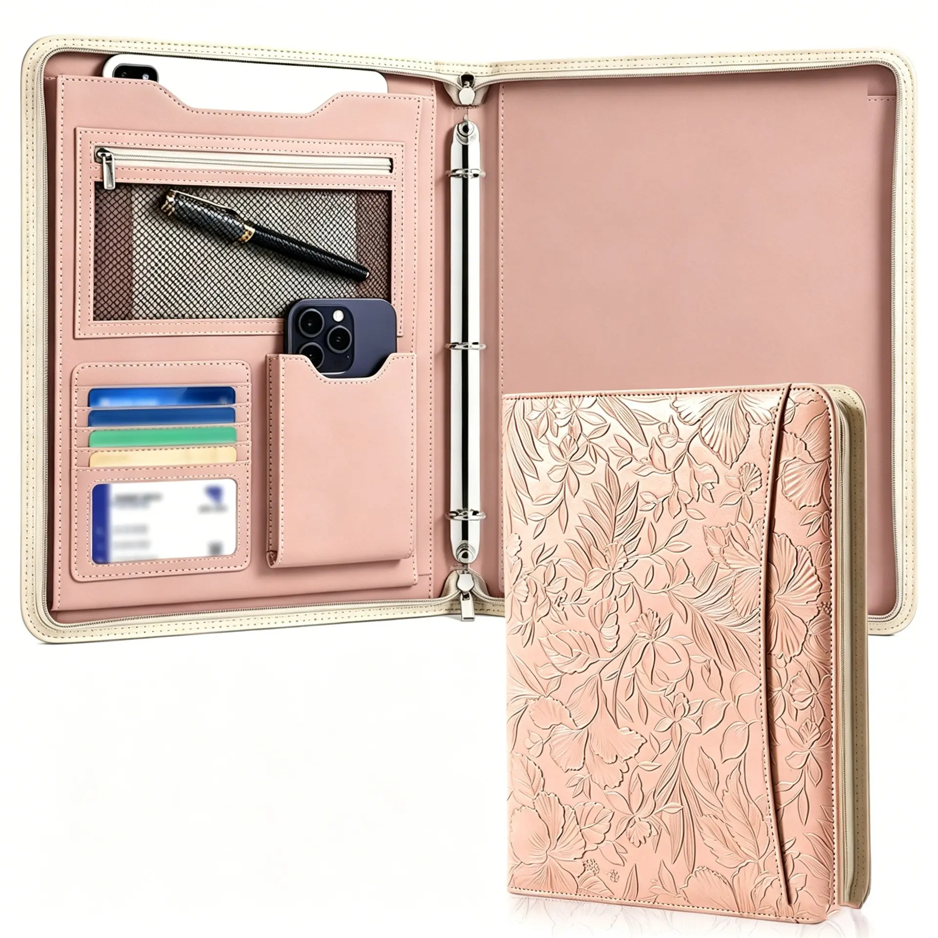 Embossed Leather A4 Zipper Padfolio, 3 Ring Binder Business Portfolio Organizer with Tablet Slot, Card Holders & ID Window, Professional Resume Folder for Job Interview, Sales Presentation, Office Meeting & Business Travel, Large Capacity Executive Manage
