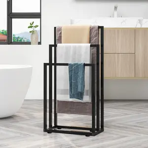 3 Tier Freestanding Towel Rack, Floor Standing Metal Towel Holder for Bathroom & Outdoor, Black Towel Drying Rack for Poolside, Patio, Spa