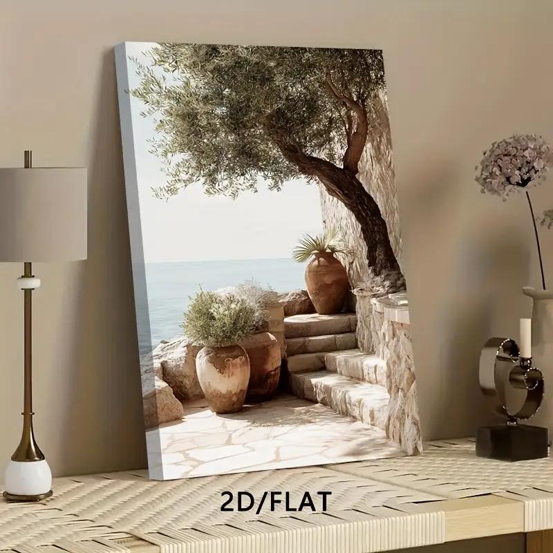 2D Flat Olive Tree Stone Steps Terracotta Pot Mediterranean Wall Art Print, Canvas Wrapped, Hook Type, Rustic Art Deco, Ideal for Living Room, Bedroom, Office, Dining Room, Coffee Shop, Holiday Gift, Outdoor Indoor, Modern Style, Solid Pattern