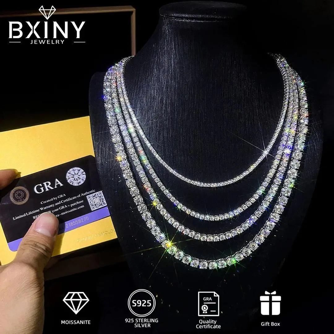 Women's Certified Sparkling 3/4/5mm Silver Lab-Created Stones Tennis Chain - VVS Moissanite Cut Necklaces, Hiphop Party Customized Gifts, Summervibes Cuban Link Fashion Jewelry, Vvs Moissanite Necklaces