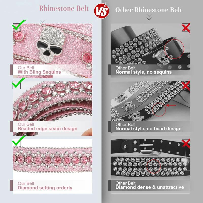 XZQTIVE Rhinestone Skull Sequins Belt for Men and Women - Sparkly Bling Diamond Studded Belt, Western Cowgirl Cowboy Style, Glamorous Accessory for Parties, Events, and Daily Wear
