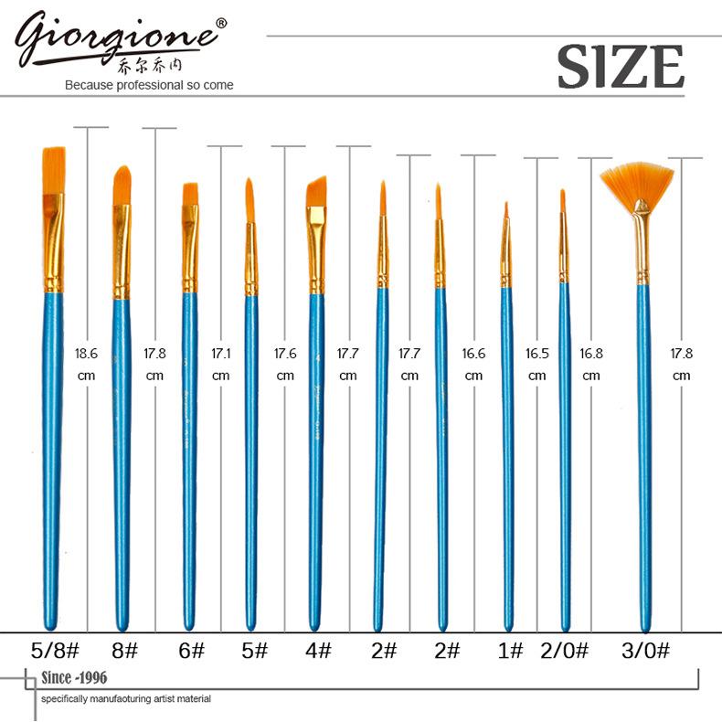 10-Piece Oil Gouache Watercolor Acrylic Brush Set - Nylon Hair, Long Handle, Round Flat Pointed Tips for Artists